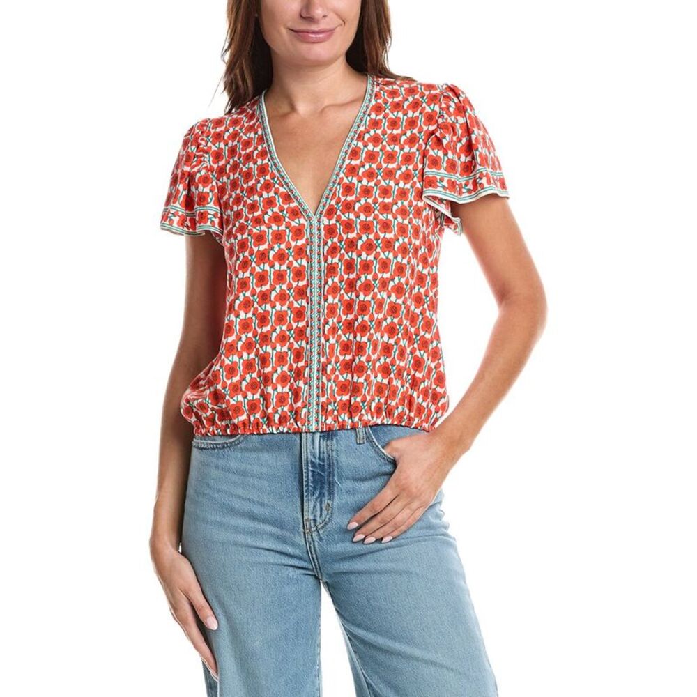 Max Studio Womens  Flutter Sleeve Bubble Hem Blouse, Orange